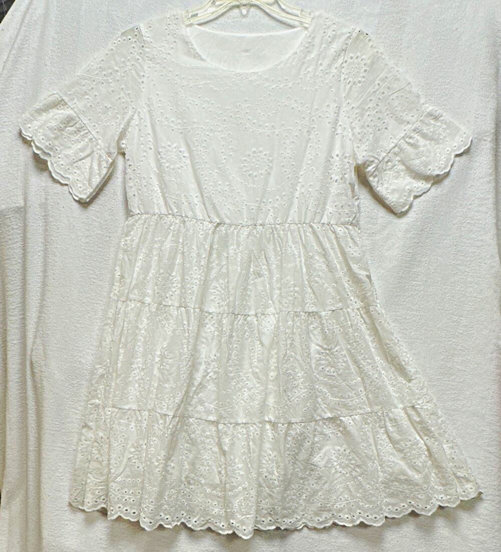 Womens Ivory Eyelet Embroidered Tiered Midi Dress Short Sleeve Med. Cottagecore